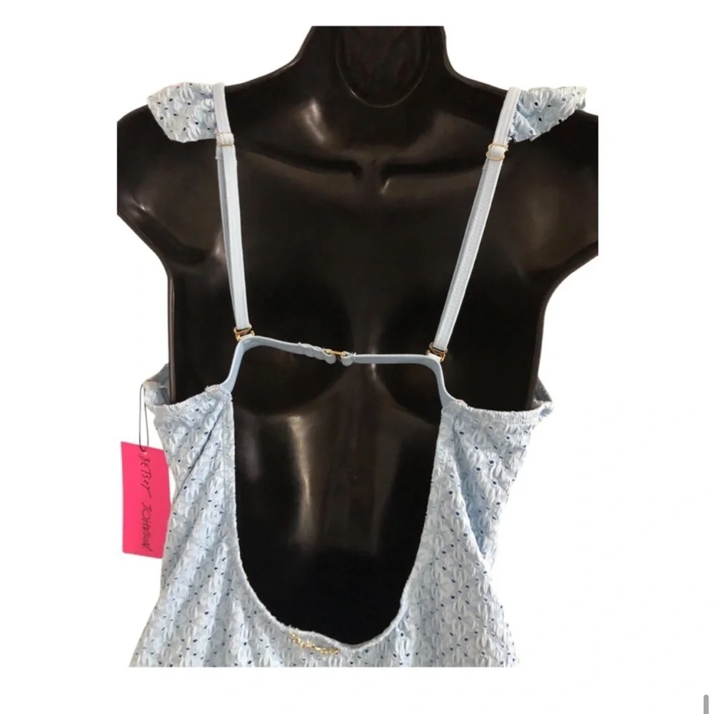 Betsey Johnson Clear sky blue 1piece Ruffle strap eyelet Swimsuit size small new
